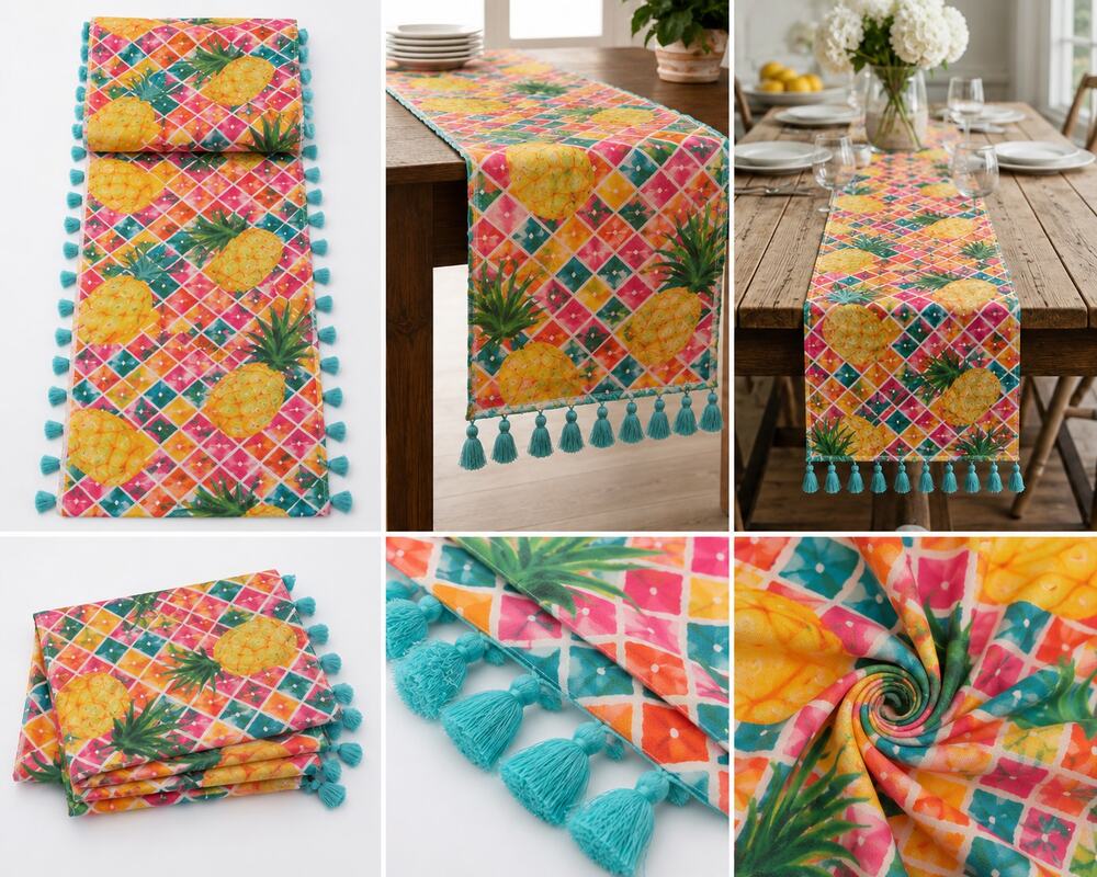 Celebrate It Tropical Pineapple Table Runner with Turquoise Tassels